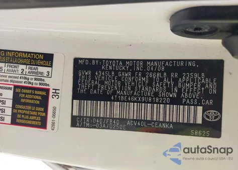 2009 Toyota Camry Le from USA, damaged, VIN 4T1BE46KX9U818220